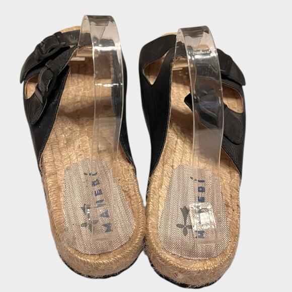 MANEBI Women’s Espadrille Black Leather Slides 2 Strap Buckle Sandals size 10 - Picture 4 of 5